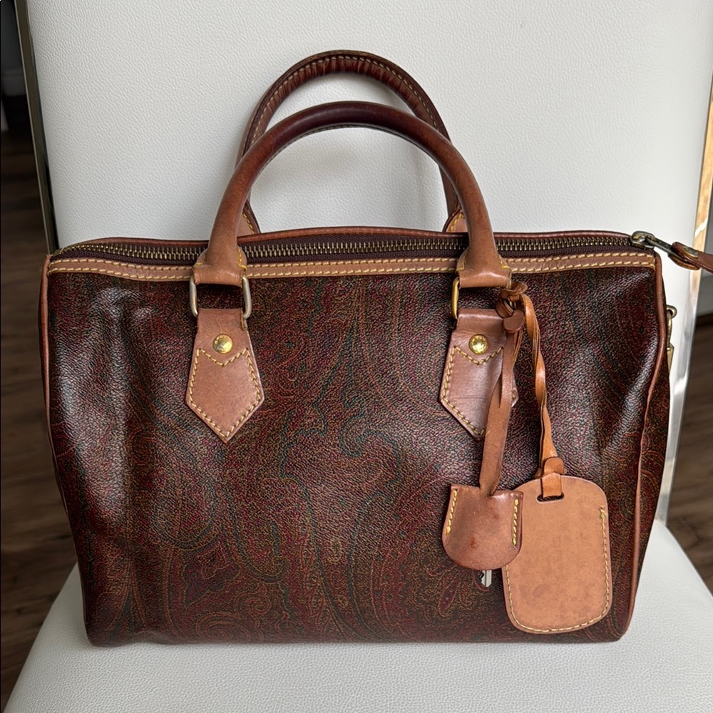 Vintage ETRO Milano Paisley Coated Canvas Boston Bag with Lock & Key